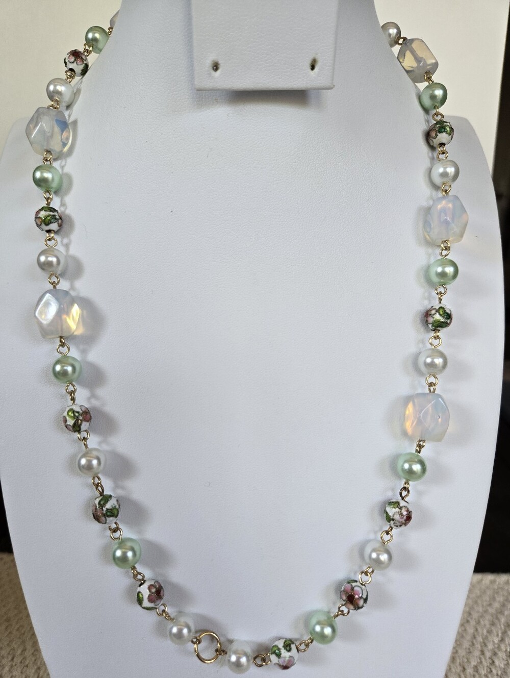 N-128-White Pink Green Cloissone & Beaded Necklace